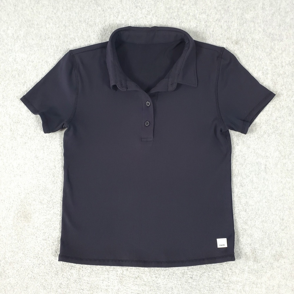 Vuori Pose Trim Fitted Polo Shirt Womens Medium Dark Gray Ribbed Short Sleeve